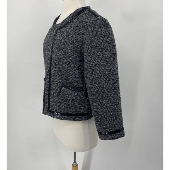 Cynthia Rowley Sweater Coat Tweed Wool Collarless Sequined Piping Grey Womens L - Picture 6 of 10